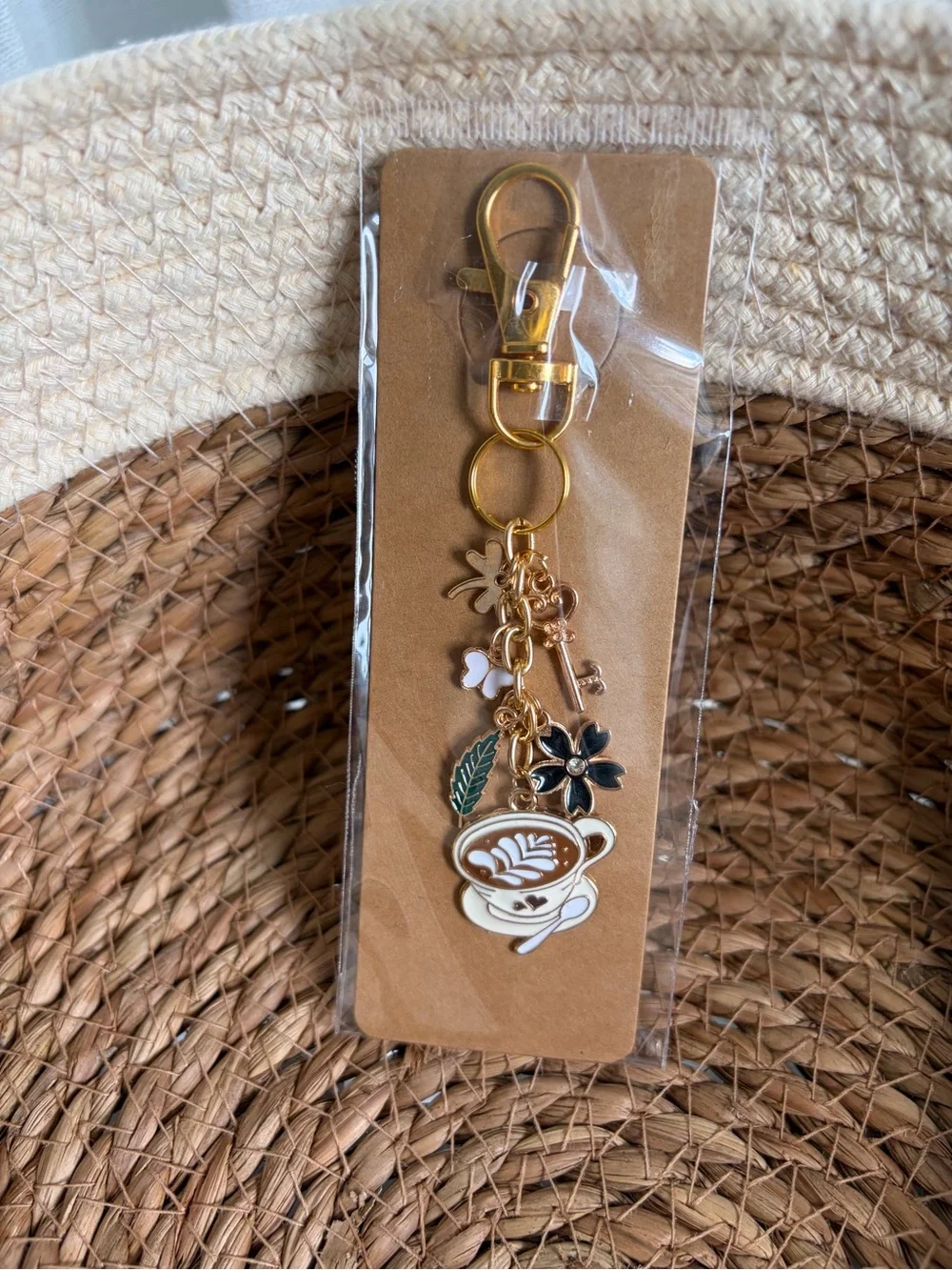 Gold-Tone Coffee Cup Charm Keychain with Beige & Green Accents